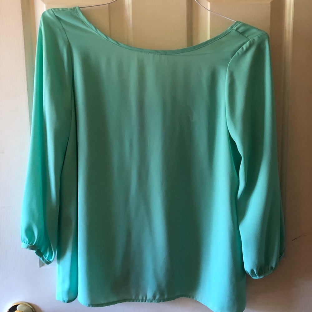 Sea foam and purple bow 3/4 blouse